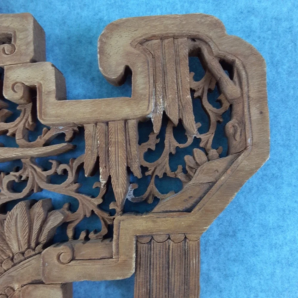 Vintage Hand Carved Wood Chinese Wall Plaque Crane Lotus Relief Art Decor 14X10